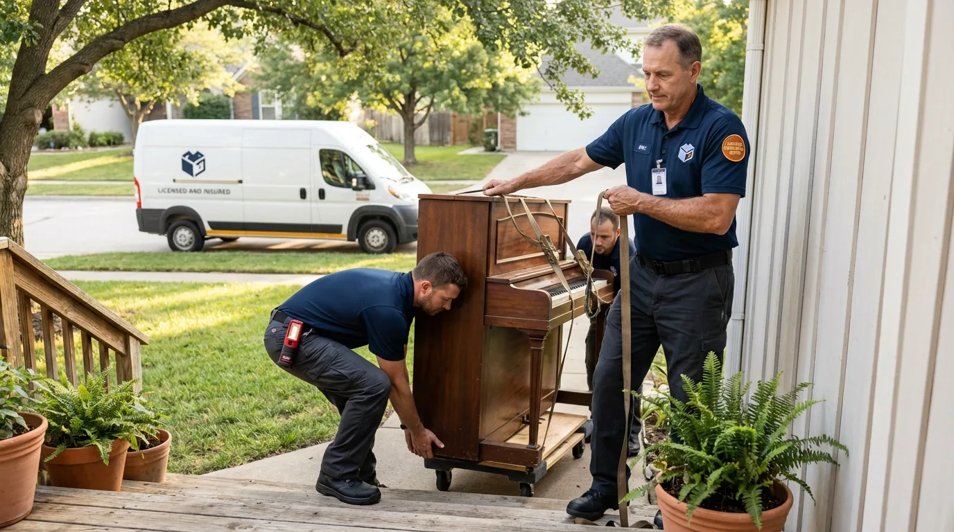 Licensed piano movers securing grand piano in Baxter Springs, KS