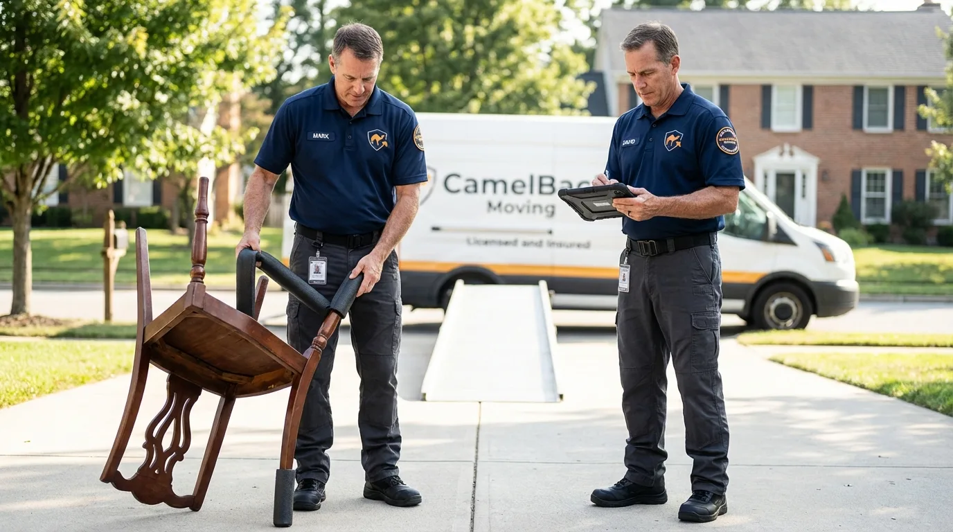 Movers inspecting furniture for damage prevention before loading in Baxter Springs, KS