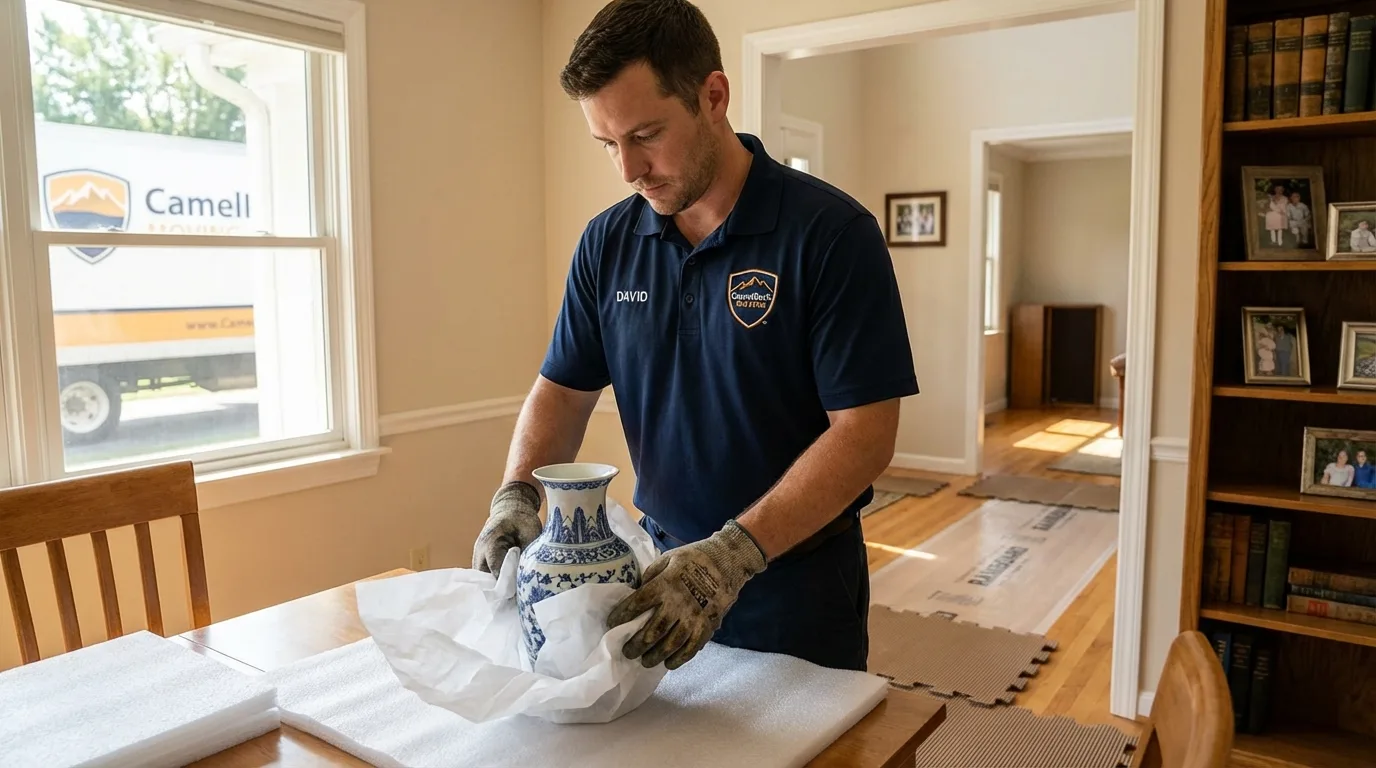 Professional crew carefully wrapping antique vase for senior downsizing move in Baxter Springs, KS